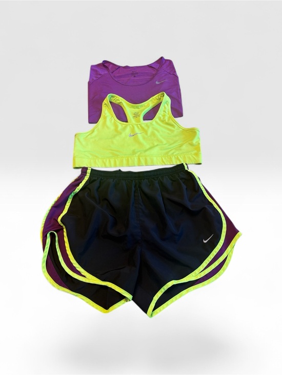 Nike Pants - Nike Neon Yellow Sports Bra with Black Shorts & Purple Tee . Please note sizes